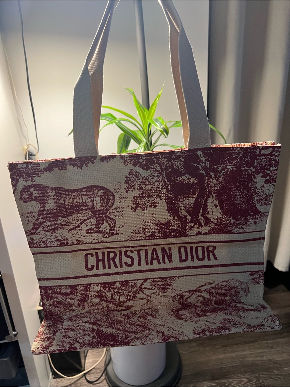 Christian Dior Dioriviera Toile de Jouy Woven Tote Burgundy Cream
